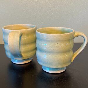 2 Handcrafted Hand Thrown Studio Art Celadon Glaze Pottery Mugs ~ Artist Signed